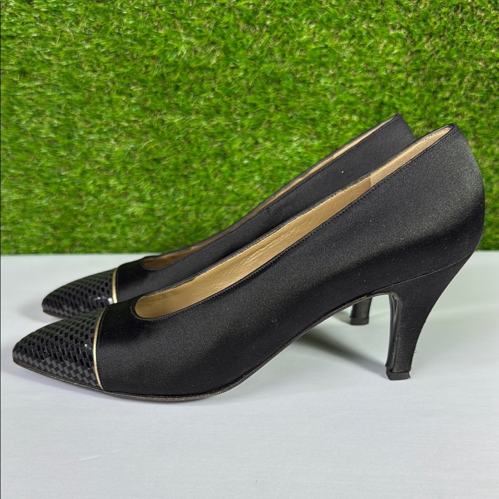 Vintage St John Black Satin Heels Emily Faille Paillette Italy 1998 - Picture 2 of 16